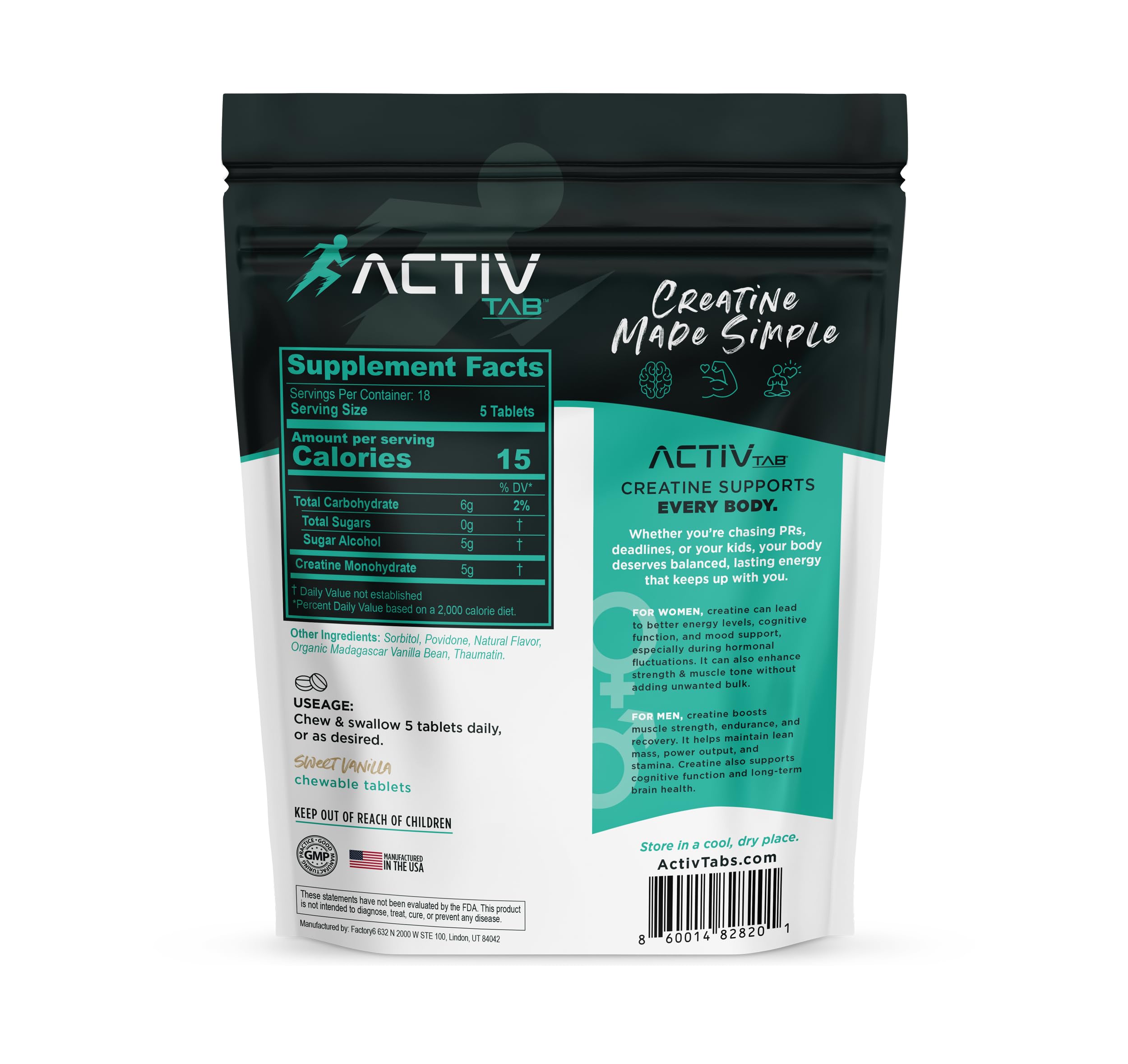 Supplement package with Activtab supplement facts panel branding on a white background