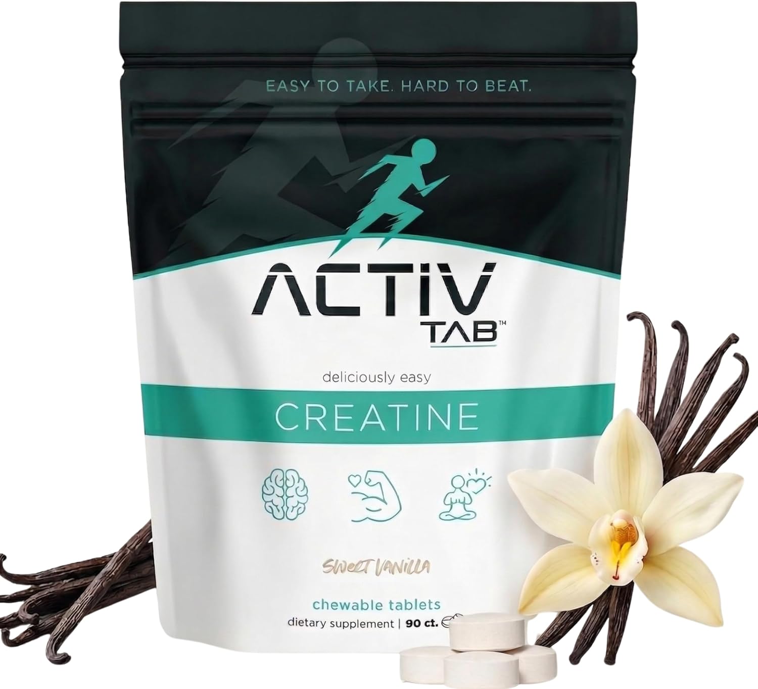 Package of ActivTab Creatine with vanilla beans and a flower on a white background