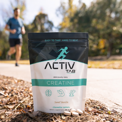 ActivTab creatine supplement packaging with a person running in the background