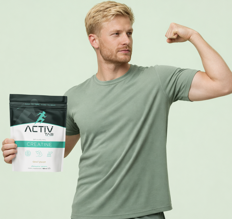 Man flexing his arm while holding a package of Activtab Creatine on a light green background